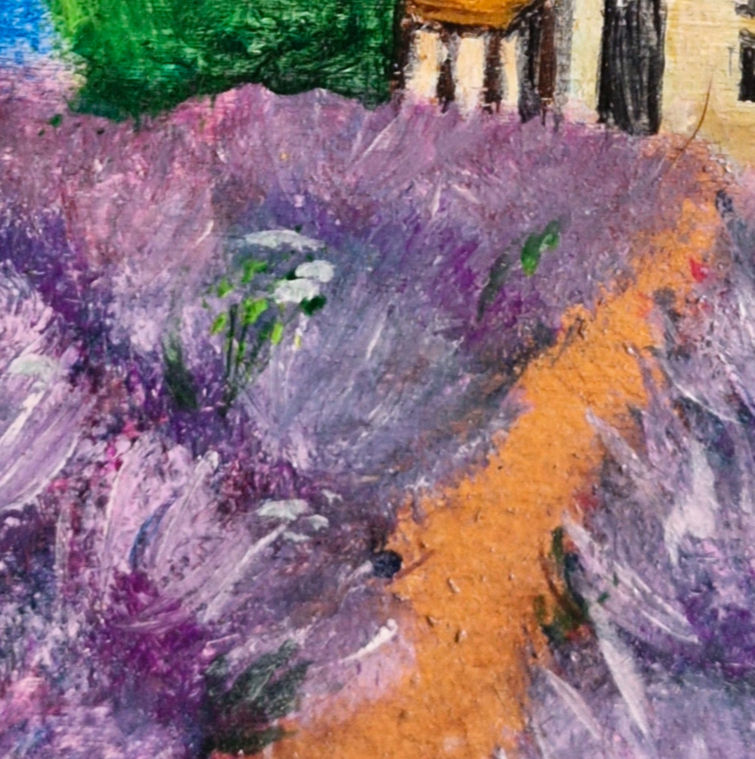 Miniatura: Quadrinho com paisagem da Provence, campos lilases e casa mediterrânea, pintado à mão em tinta acrílica sobre madeira, com 10