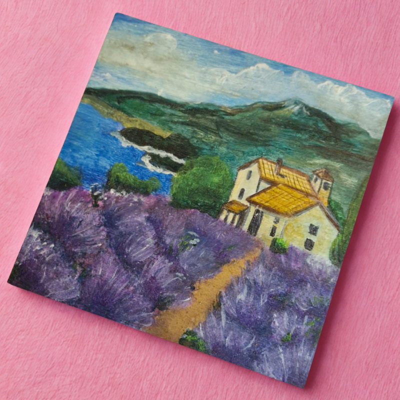 Quadrinho artesanal – Lavandas e casario à beira-mar