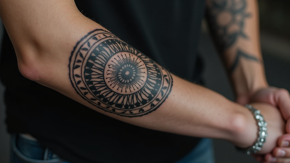 Close-up view of a geometric half-arm tattoo with intricate patterns