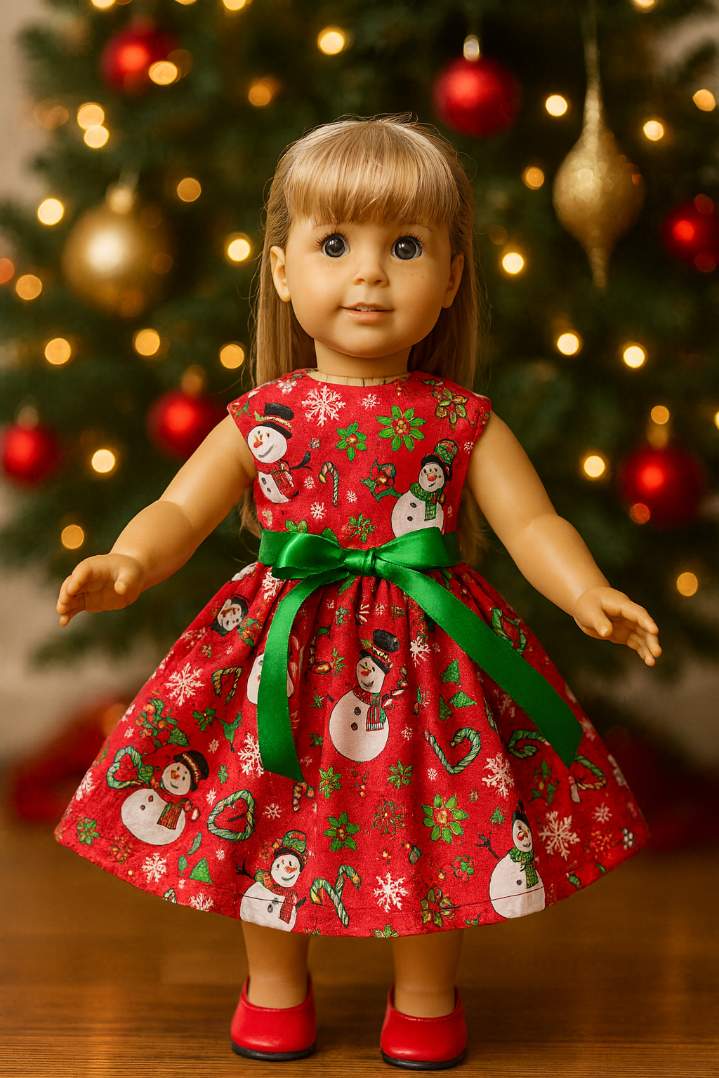 Christmas Snowman Dress for 18-Inch Doll, Red Holiday Doll Outfit, Green Satin S