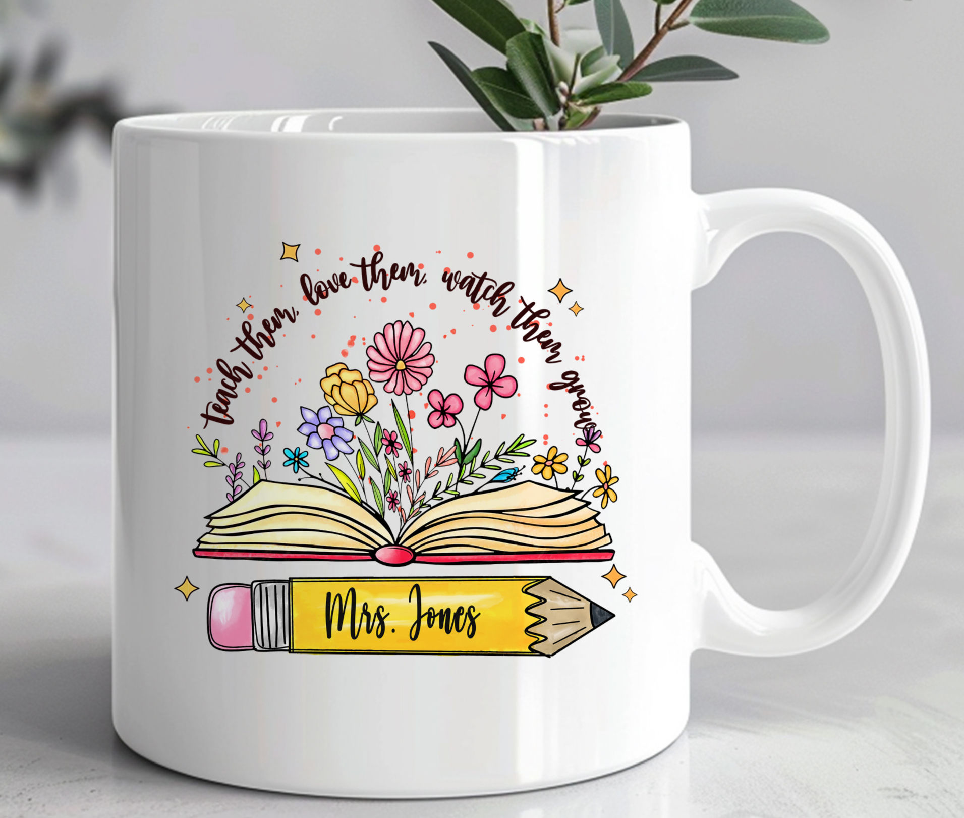 Ceramic Teacher Mug: Personalized, Book, Flowers, Teach Love Grow