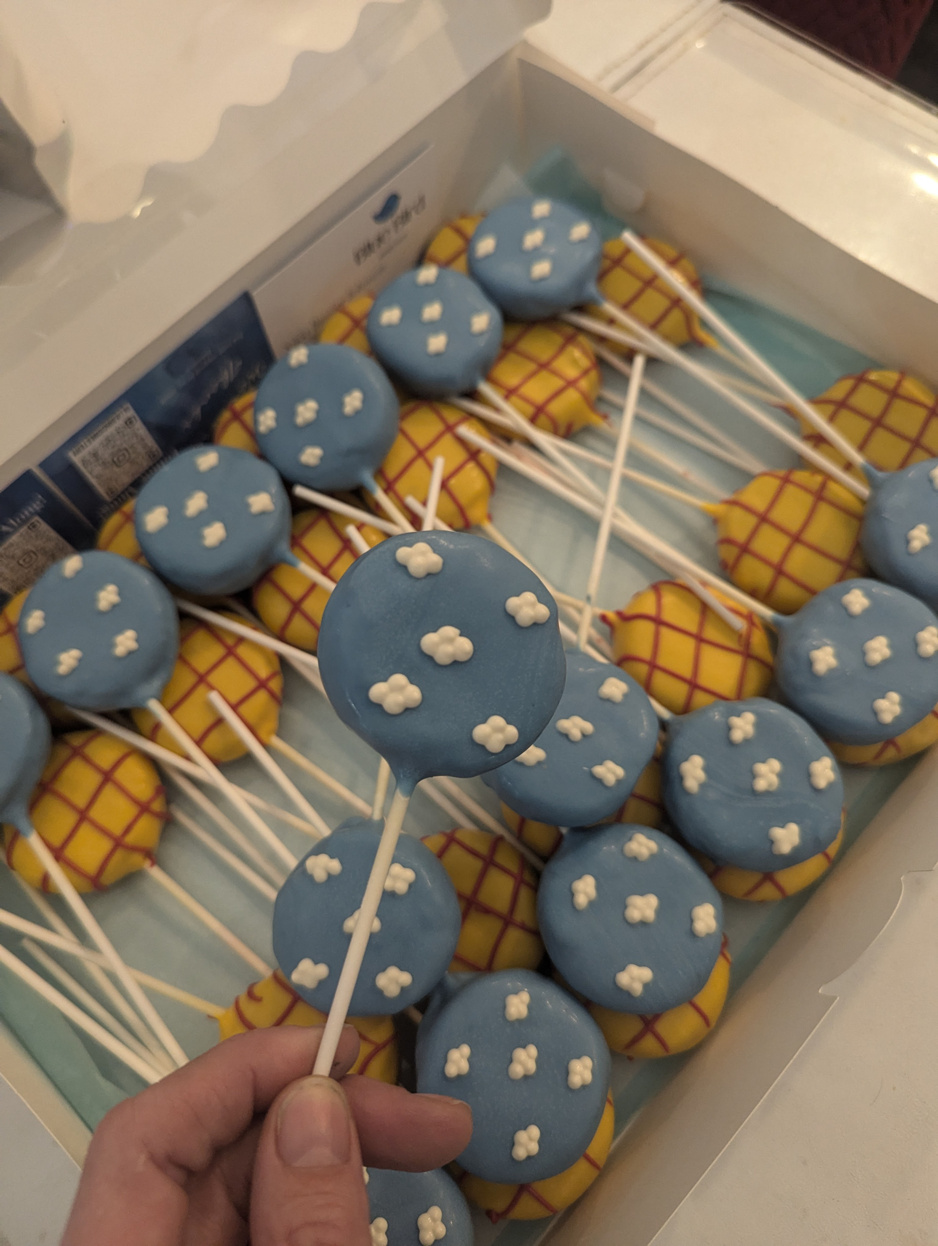 Themed printed cake pops: blue clouds and yellow plaid in a box