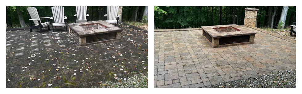 Before & After images of a Brick Outdoor Sitting Area with Fire Pit.
