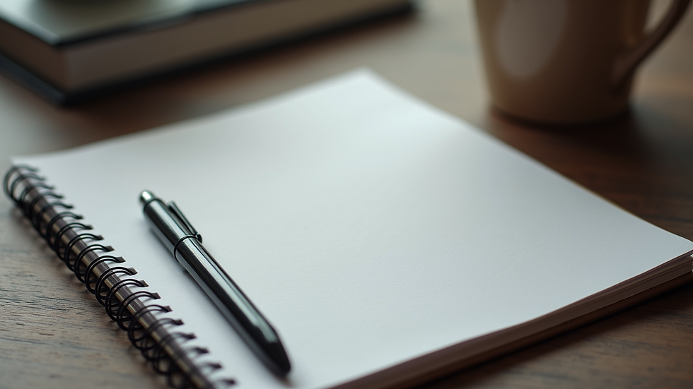 High angle view of a desk with a notebook and a pen