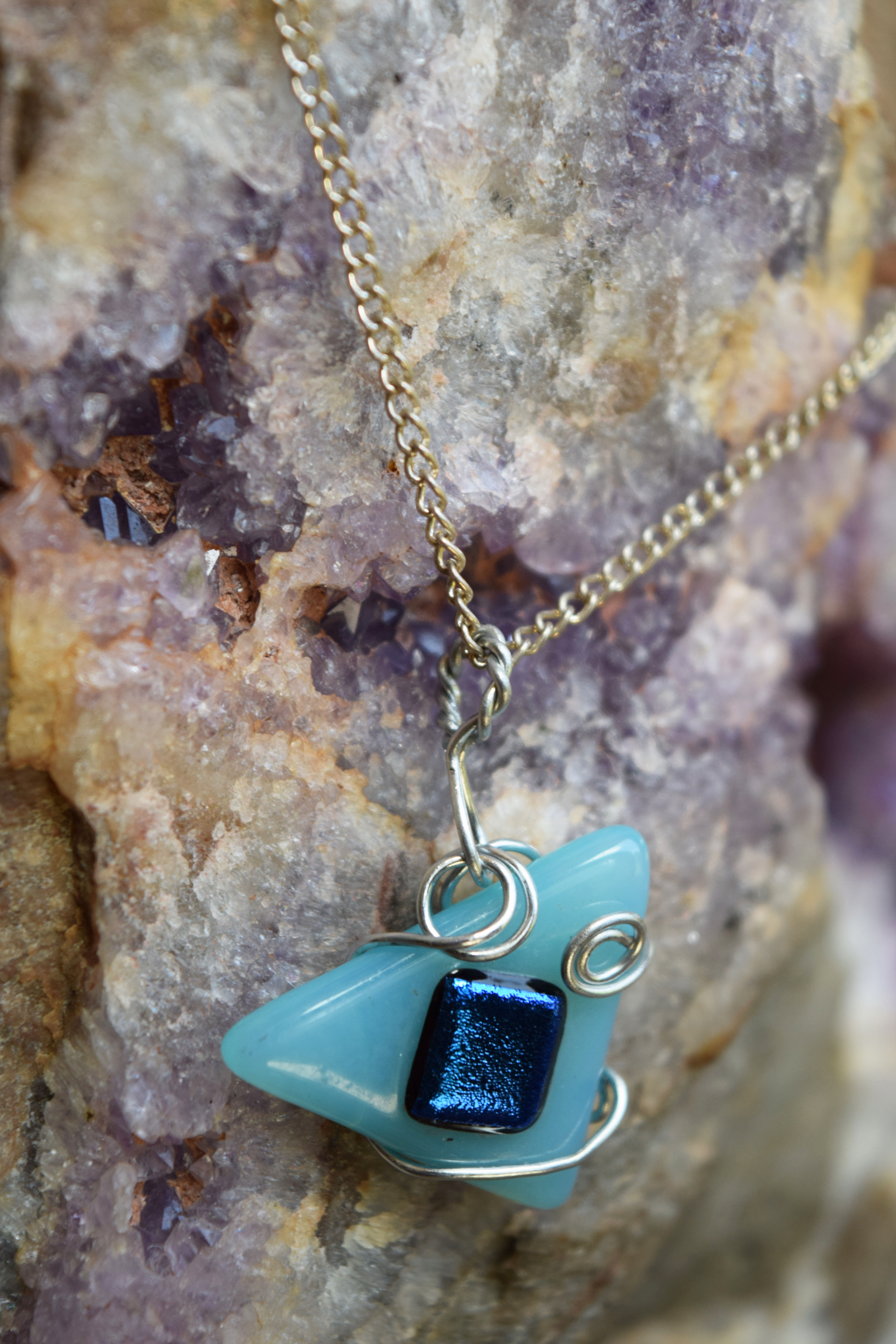 Dichroic Iridescent Blue wrapped in silver