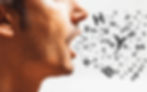 Picture depicts man with letters coming out of his mouth, representing speech disfluency including disorganized speech. Comprehensive assessment and Cluttering treatment available in Evanston IL 60201, 60204, 60203, 60202, speech therapy for cluttering and challenges with communication breakdown near me