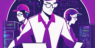 a team of computer engineers, stylized illustration using theme colors bright purple, dark