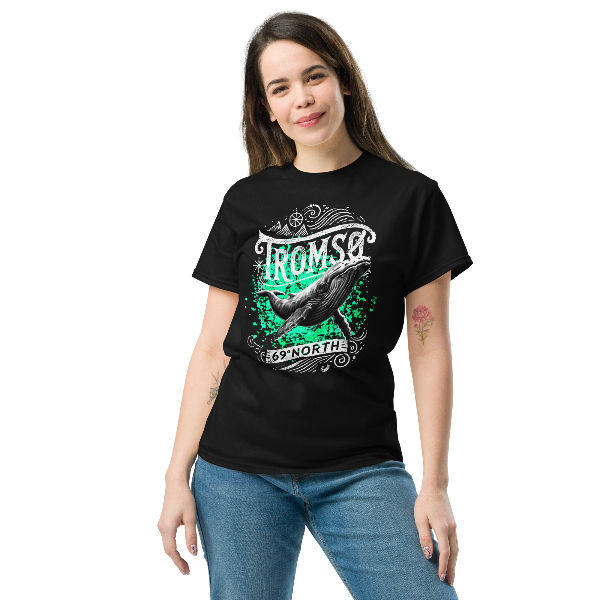 Woman wearing black Tromsø whale t-shirt