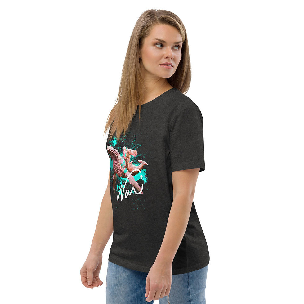 Thumbnail: Woman wearing Pinkish flying Whale art t-shirt by Noui