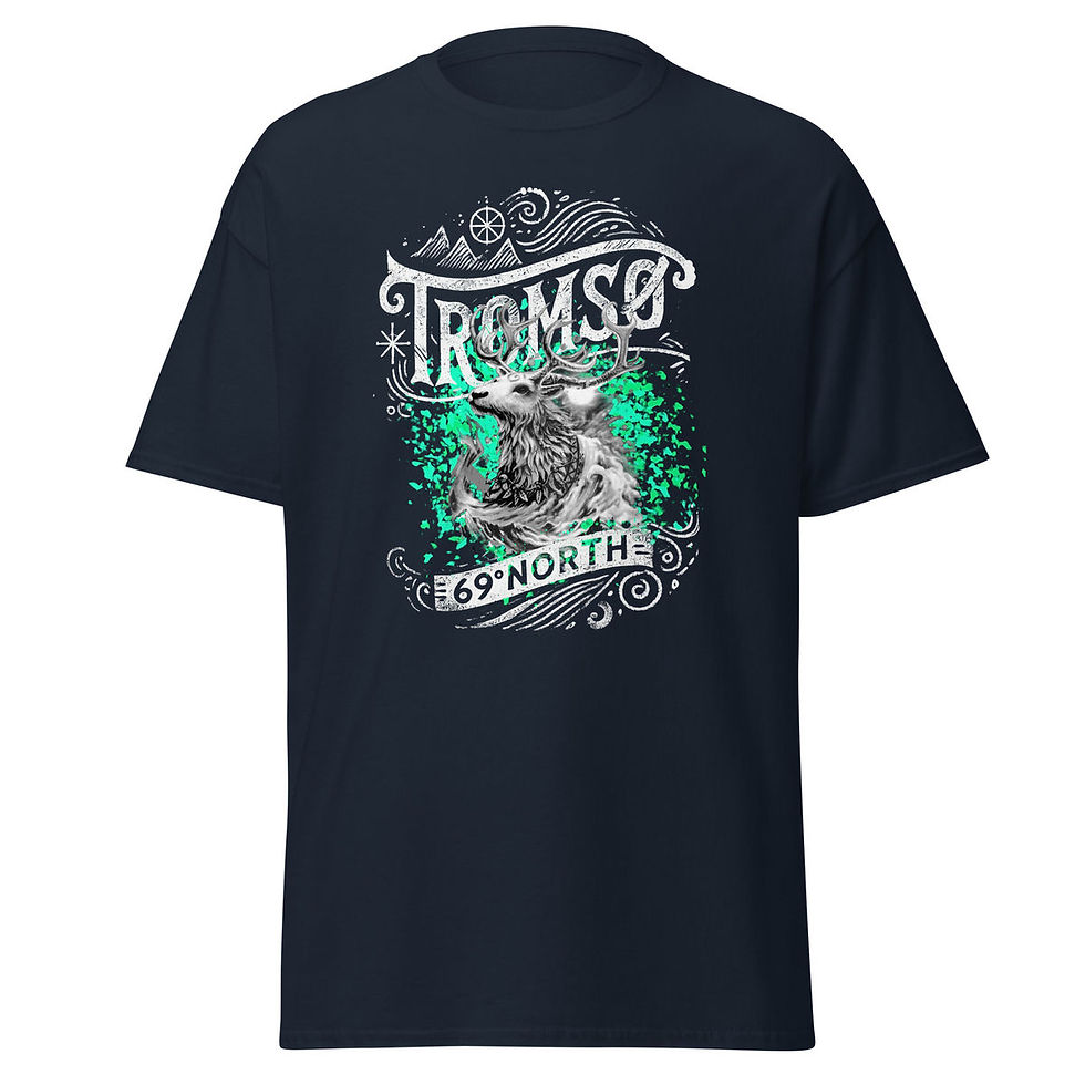 Miniatyrbilde: Navy Tromsø t-shirt with reindeer and Northern Lights design