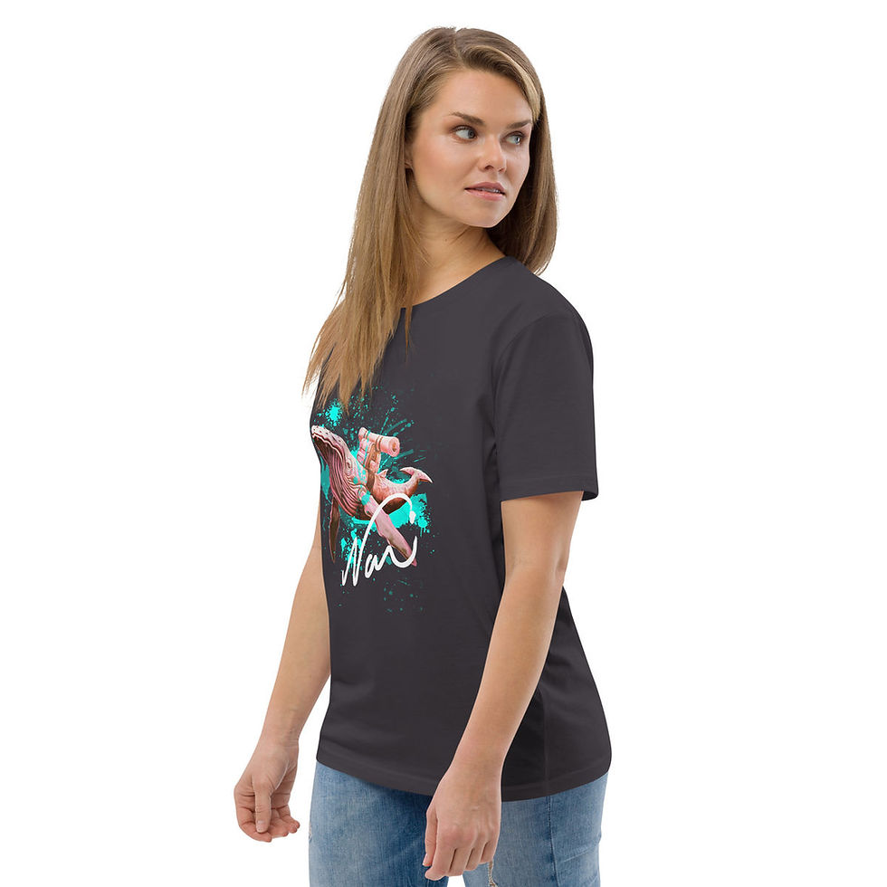 Thumbnail: Woman wearing a pinkish flying whale art t-shirt by Noui