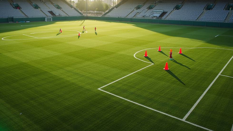 High angle view of a well-kept soccer field with training cones set up