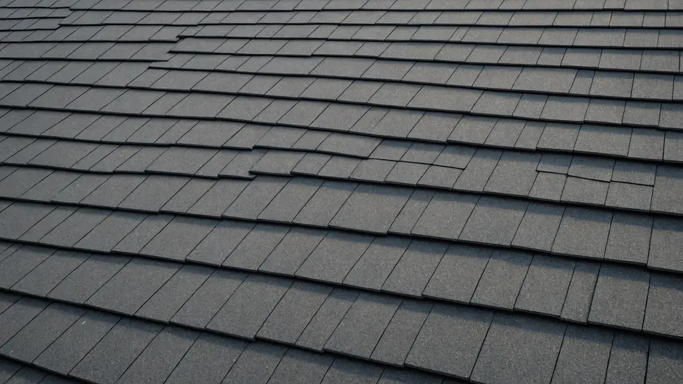 Eye-level view of asphalt shingles on a residential rooftop