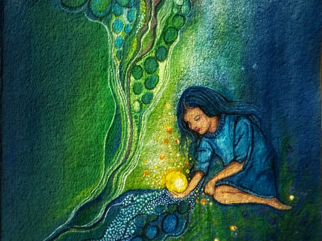 A girl gently holds stardust in her hands, fragile and glowing, symbolizing dreams, hopes, and the galaxy within her