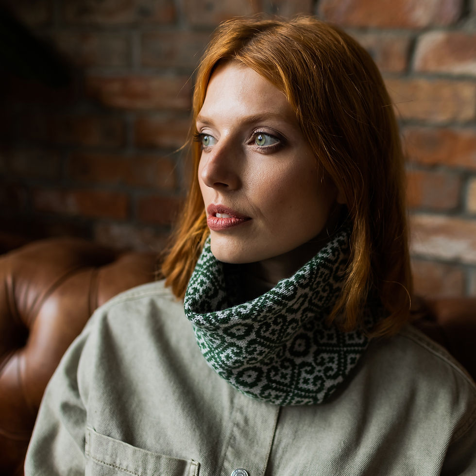 Thumbnail: " Baltic Heritage" pattern snood in green, grey