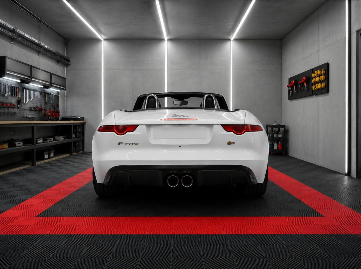 Ein Auto steht in einer Garage auf einem robusten Garagenboden aus schwarzen und roten Fliesen.