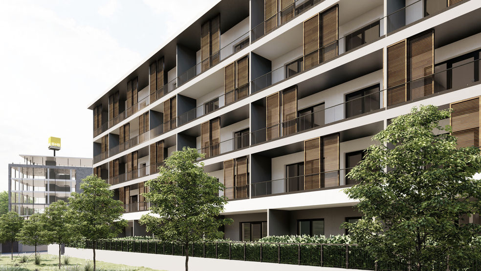 Fassade mit Balkonen, modernes Wohnngebäude Projekt Alte Molkerei