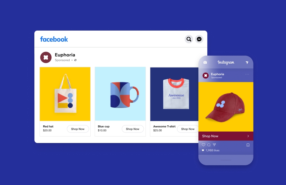 Mavi arka planda Facebook alışveriş sayfası. Sayfada geometrik şekilli bez çanta, geometrik şekilli kupa, turuncu yakalı beyaz tişört ve hepsinin altında fiyatları. Telefonda Instagram alışveriş sayfasında kahverengi geometrik şekilli şapka.