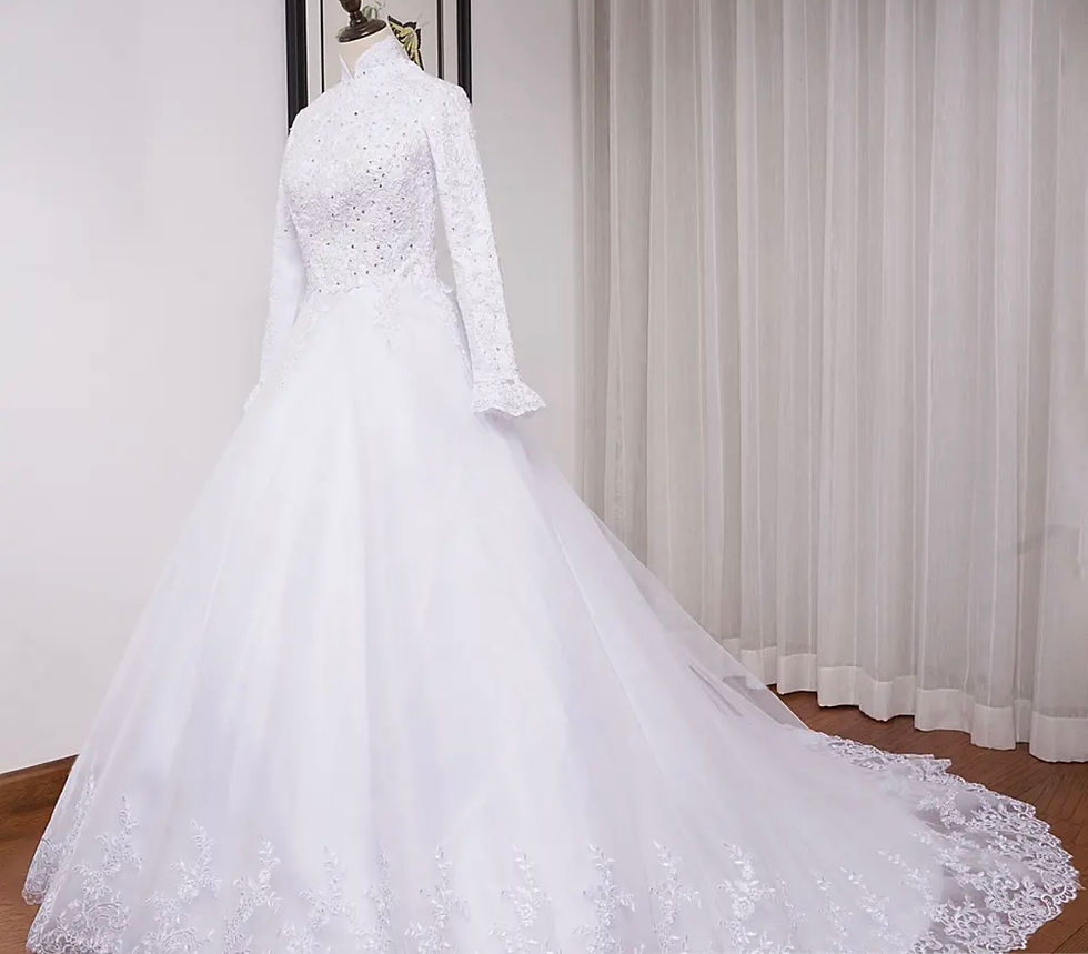 Thumbnail: Long sleeve high neck lace bridal gown.