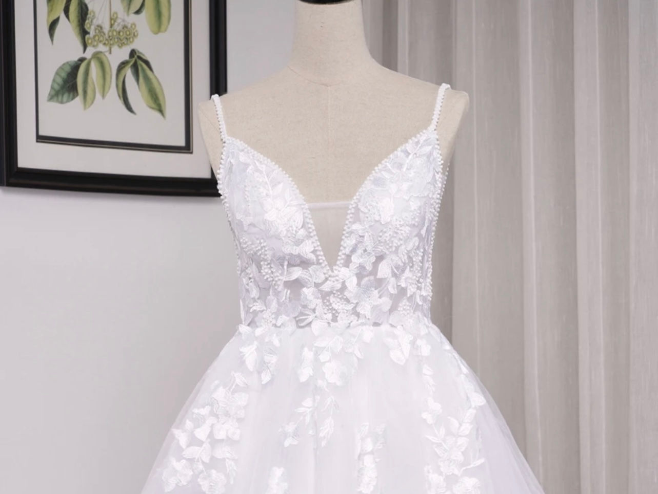 Fine straps lace beaded bridal gown 
