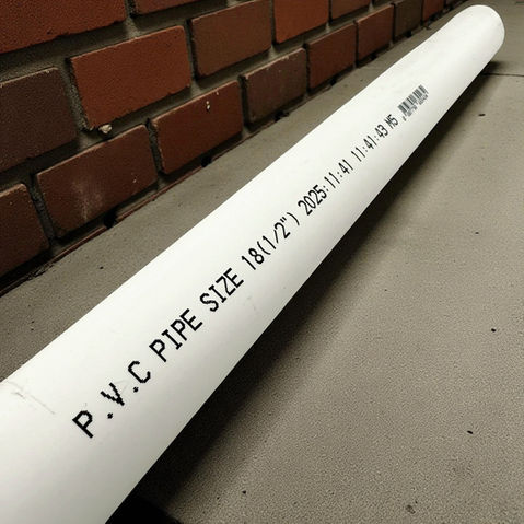 White PVC pipe with clear black inkjet-printed specifications and production code on its surface, created using an Omajet CIJ Printer, placed against a brick wall background.