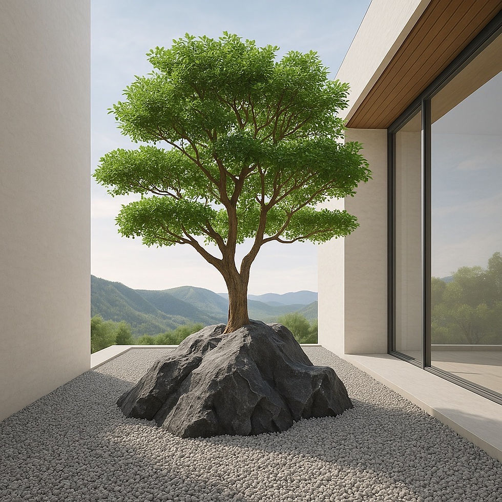 หินเทียมคลุมโคนต้นไม้สีเทาเข้มพร้อมผิวสัมผัสสมจริง ตั้งอยู่ท่ามกลางกรวดแม่น้ำสีเข้มในพื้นที่บ้านสไตล์โมเดิร์น มุมมองแสงเงาทำให้หินและต้นไม้ดูมีมิติ โดดเด่น และให้บรรยากาศแบบสวนมินิมอลครบสไตล์ Toscana Valley Khao Yai