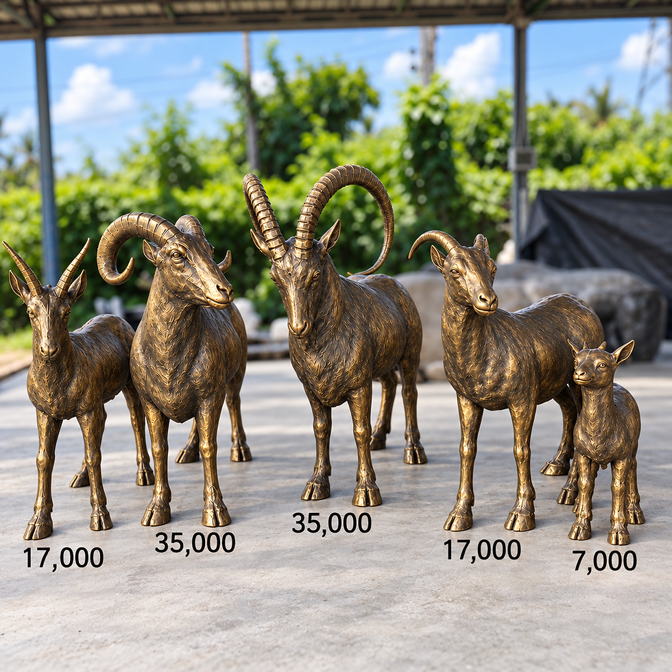 รูปปั้นแพะโบราณสีดำปัดทอง พร้อมคราบเขียวปาตินา สไตล์วินเทจ
