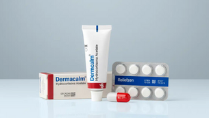 Pharmaceutical packaging with a tube, carton box, blister pack, and capsule displayed together, illustrating DataMatrix and traceability applications in the pharmaceutical industry.