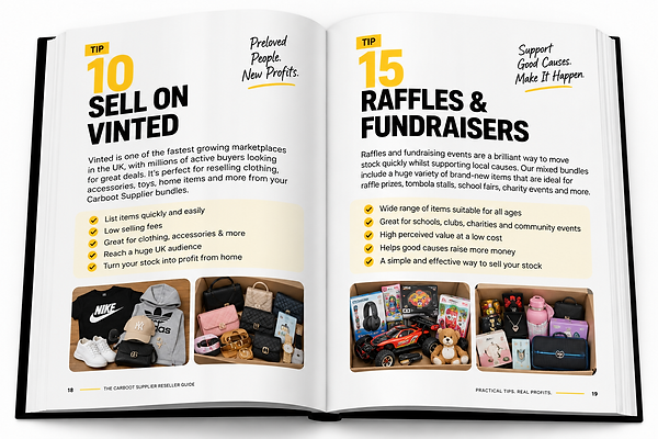 Open ebook of Carboot Supplier’s free ebook, 20 Ways to Sell Your Stock showing ways to resell items