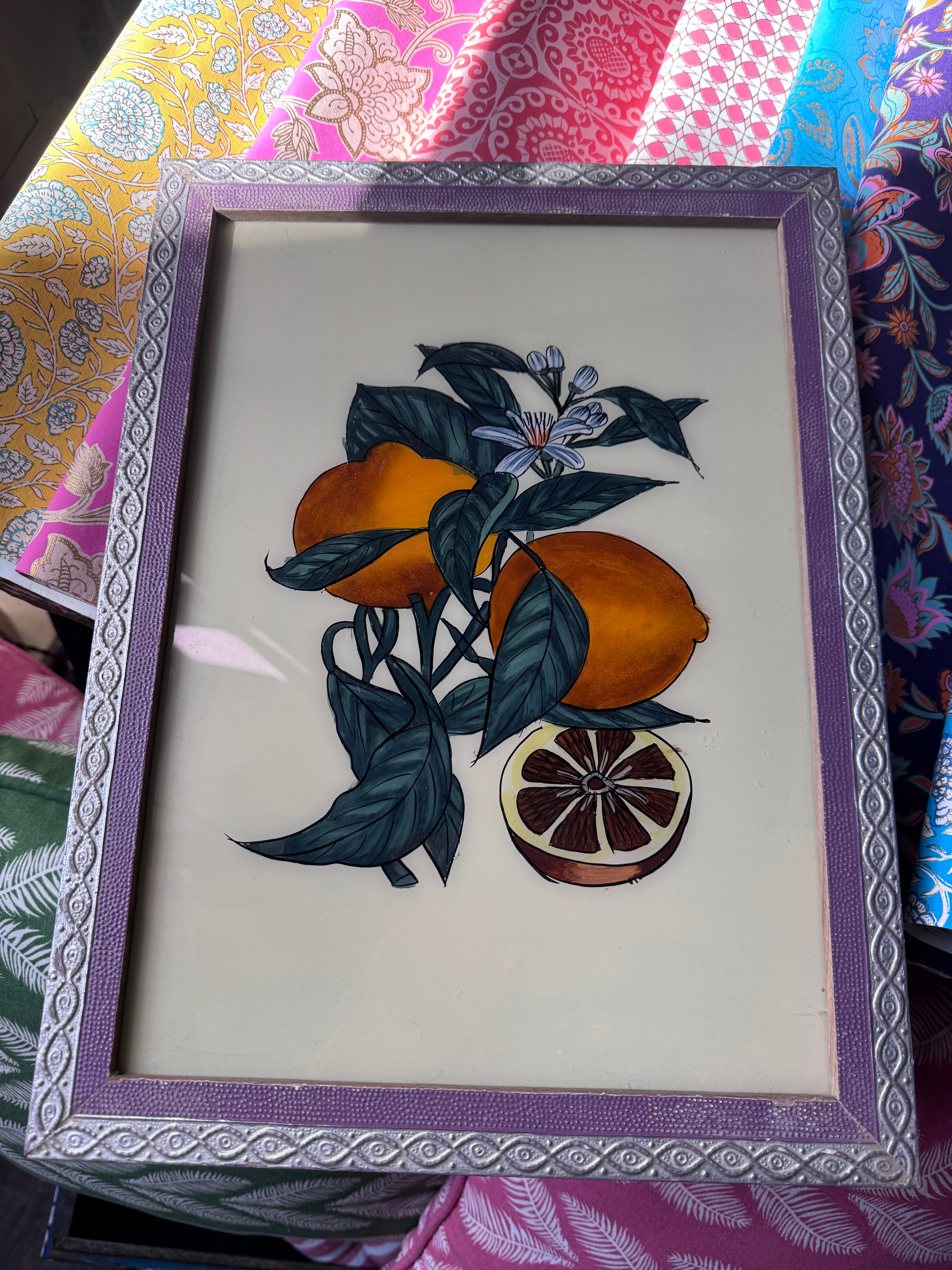 lemons Glass painting in reclaimed frame