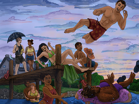 A group of young people hang out at the lake