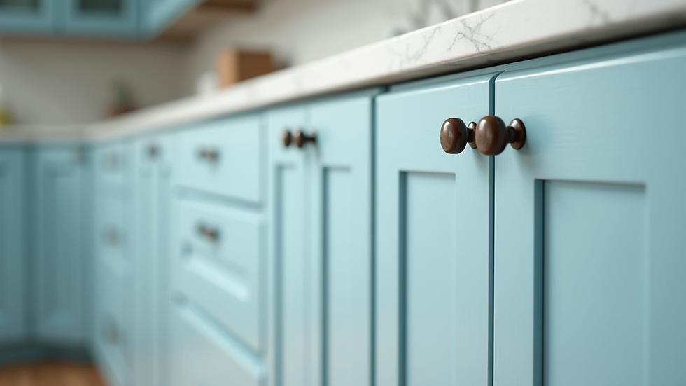 Eye-level view of tidewater-style cabinetry with shaker doors and soft blue finish