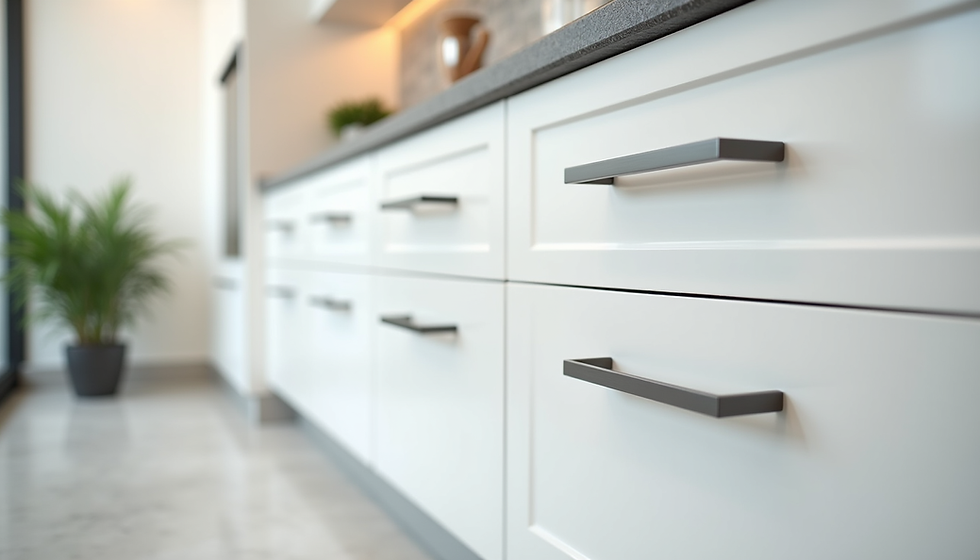 Eye-level view of custom wooden kitchen cabinets with modern handles