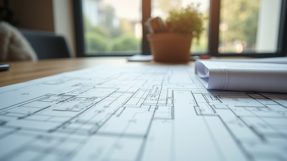 Close-up view of architectural blueprints and renovation plans on a table