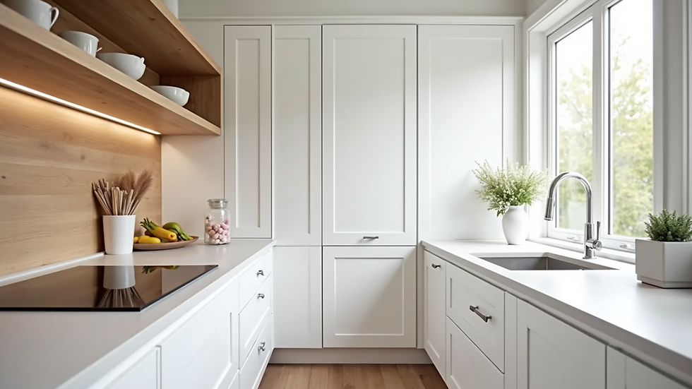 Eye-level view of white tidewater style kitchen cabinets with natural wood accents