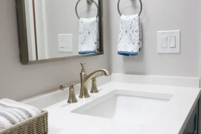 A high-quality bathroom vanity counter and faucet fixture