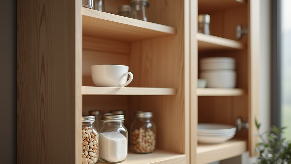Close-up view of pull-out pantry cabinet with organized shelves