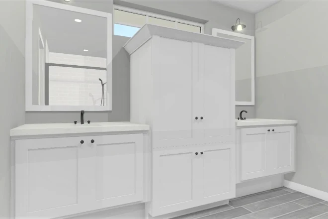 A 3D rendering of a bathroom design for two vanities and a storage tower