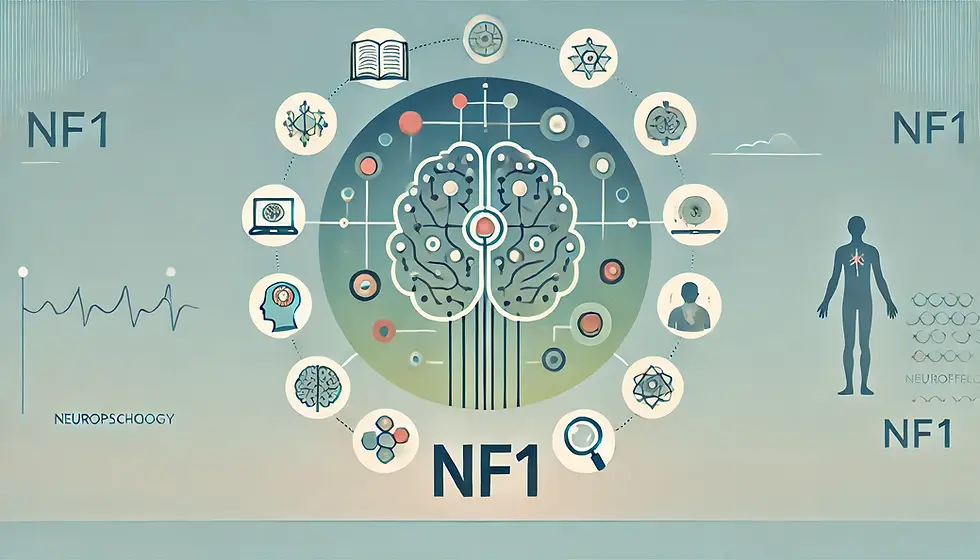 Illustration des caractéristiques de la Neurofibromatose de type 1 (NF1), incluant les impacts sur le système nerveux et les symptômes associés.