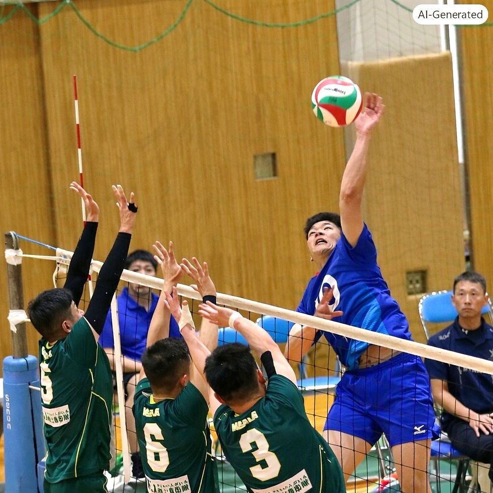 朝霞男子チームの3枚ブロックをかいくぐり、西シ通群チーム10番・岡部蓮3曹スパイクが決まる（いずれも6月14日、東京・練馬区の朝霞駐屯地内にある三宅記念体育館）