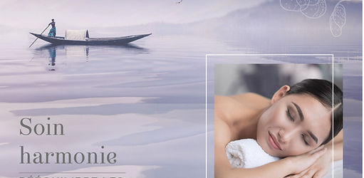 montage photos sur un fond violet, étendue d'eau avec une barque, avec dans le coin droit en bas une photo d'un visage détendue reposant sur une serviette blanche enroulée