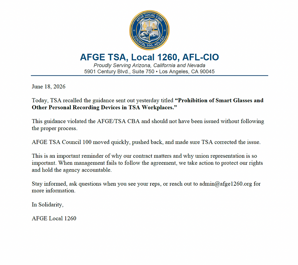 Recall: Prohibtion of Smart Glassed and Other Personal Recoding Devices in TSA Workplace