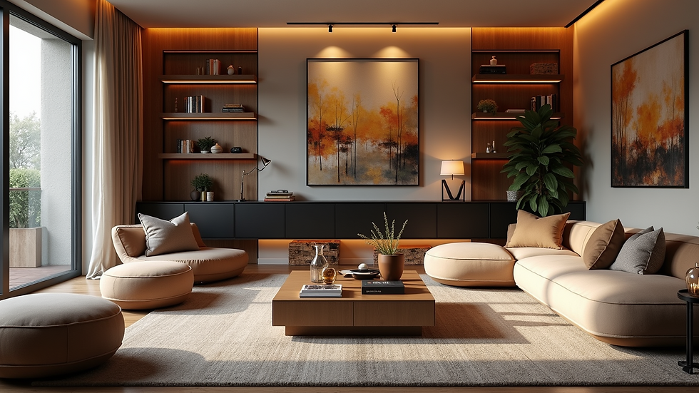 Eye-level view of cozy living room with warm lighting and modern furniture