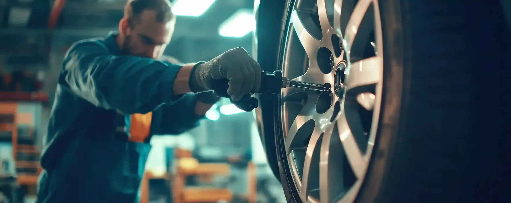 Technician tightening wheel during Firestone rim installation in Redlands California