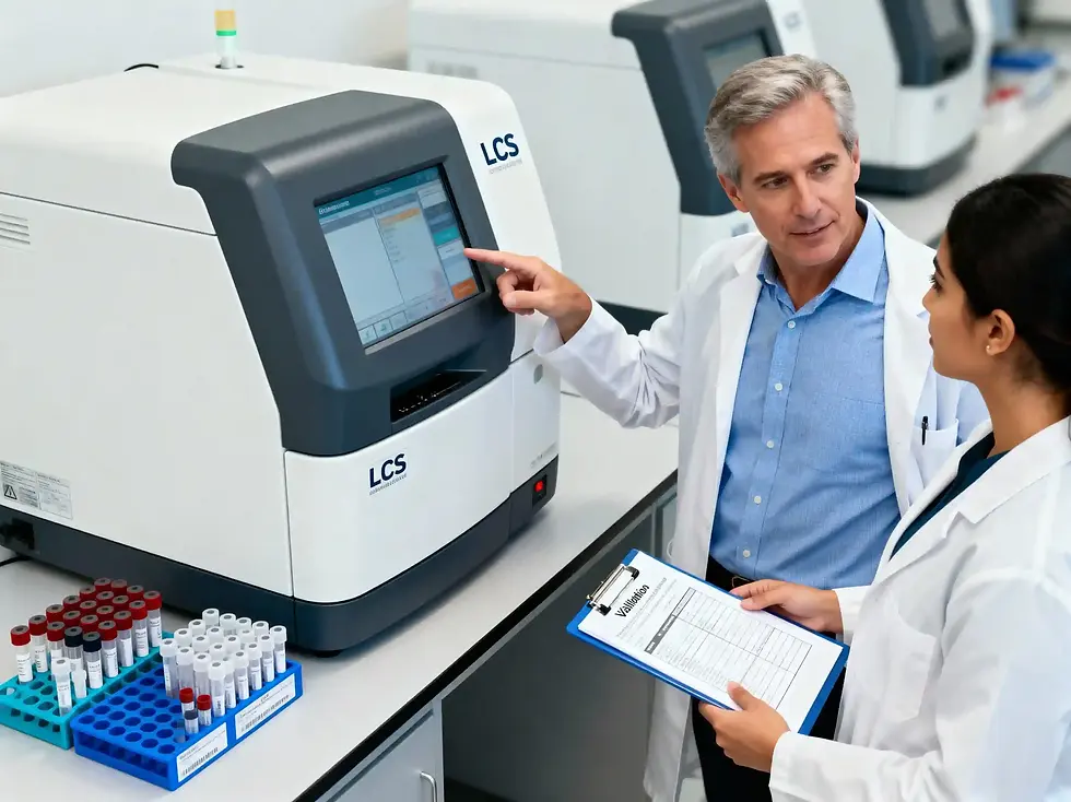 QC specialist reviews Levey Jennings charts on screen beside a Clinical Chemistry Analyzer during daily quality check