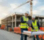 H2M Power Construction project management team reviewing blueprints and progress on site d
