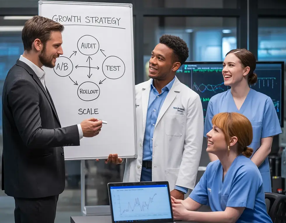 Team reviews audit, test, rollout, and scale steps on a whiteboard for Growth Path Labs strategy.