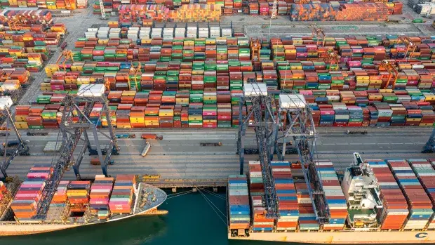 aerial view of shipping containers and cranes near Santa Monica California by Tiger Freight

