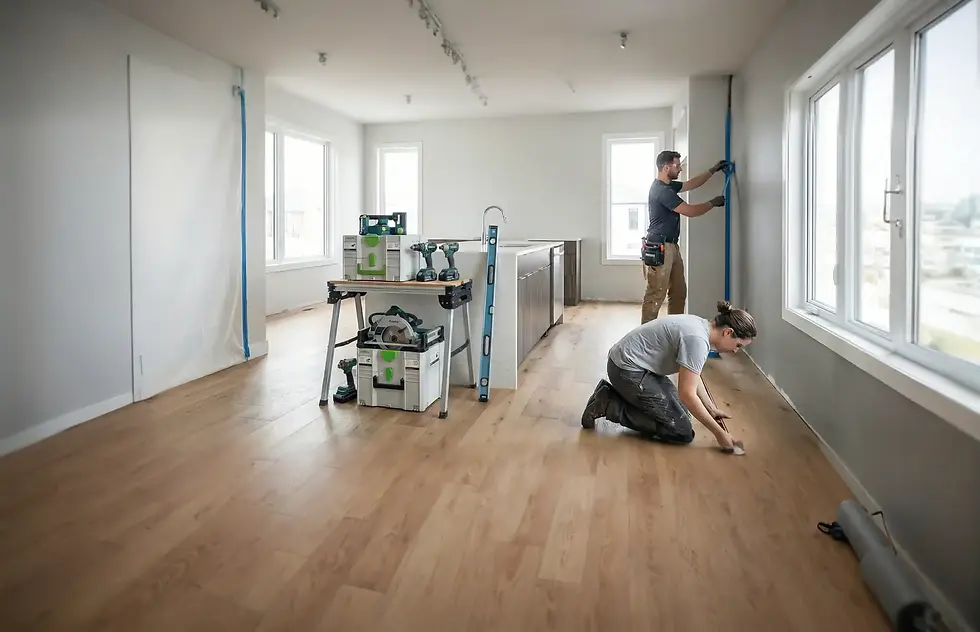 H2M Power Construction interior improvements team installing flooring and preparing wall f