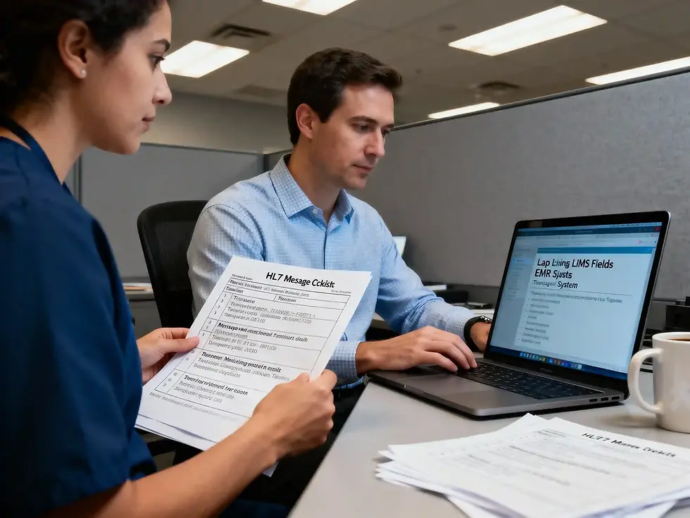 Integration engineer maps HL7 and LIMS data flows, data and analytics services enabling clean interfaces